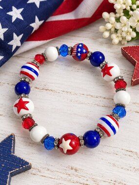 Red White Blue Stretch Bracelet Patriotic Glass Hand Painted Beads Jewelry Gift